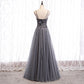 Gray tulle sequins long prom dress  8158