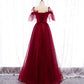 Burgundy tulle lace long prom dress evening dress  8305