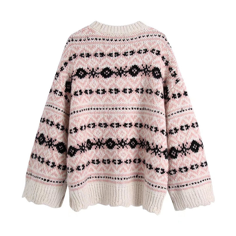 Versatile side slit jacquard loose sweater sweater  7725