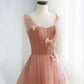 Pink tulle lace long prom dress, pink evening dress  7892