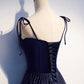 Blue tulle velvet long prom dress, blue evening dress  7914