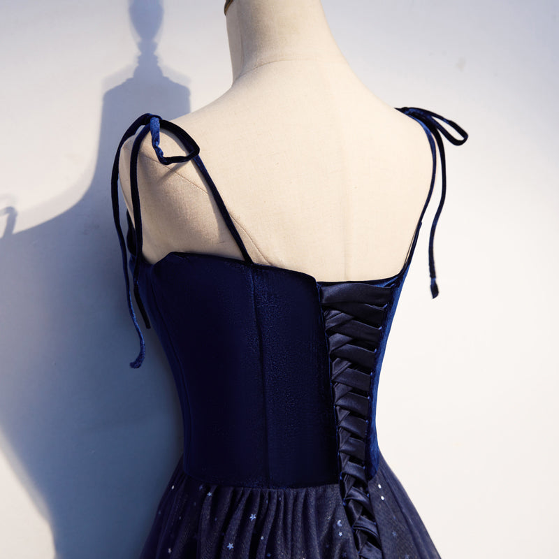 Blue tulle velvet long prom dress, blue evening dress  7914