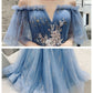 Blue tulle sequins long prom dress evening dress  8322