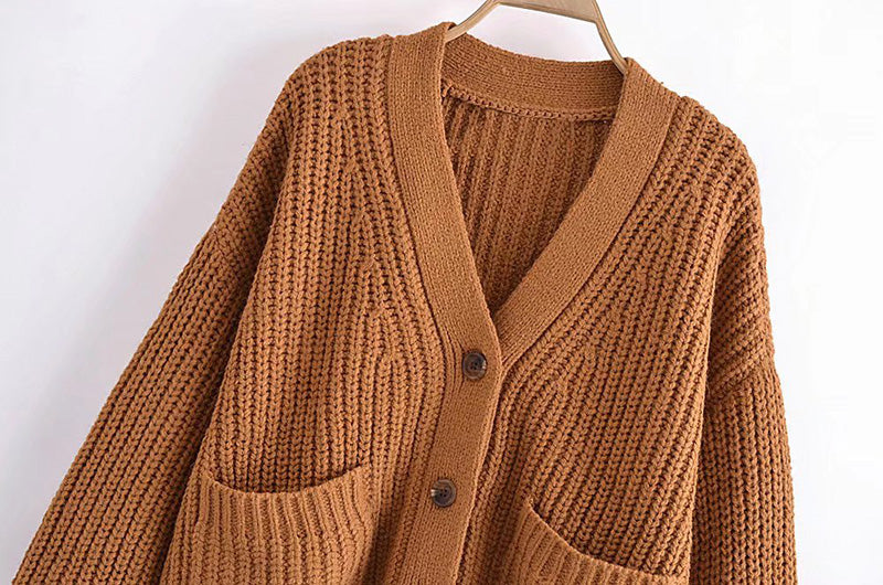 Versatile V-neck pocket sweater sweater sweater jacket  7758