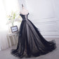 Black tulle off shoulder long prom dress, black evening dress  7899