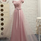 Pink tulle off shoulder A line long prom dress, pink evening dresses  7795