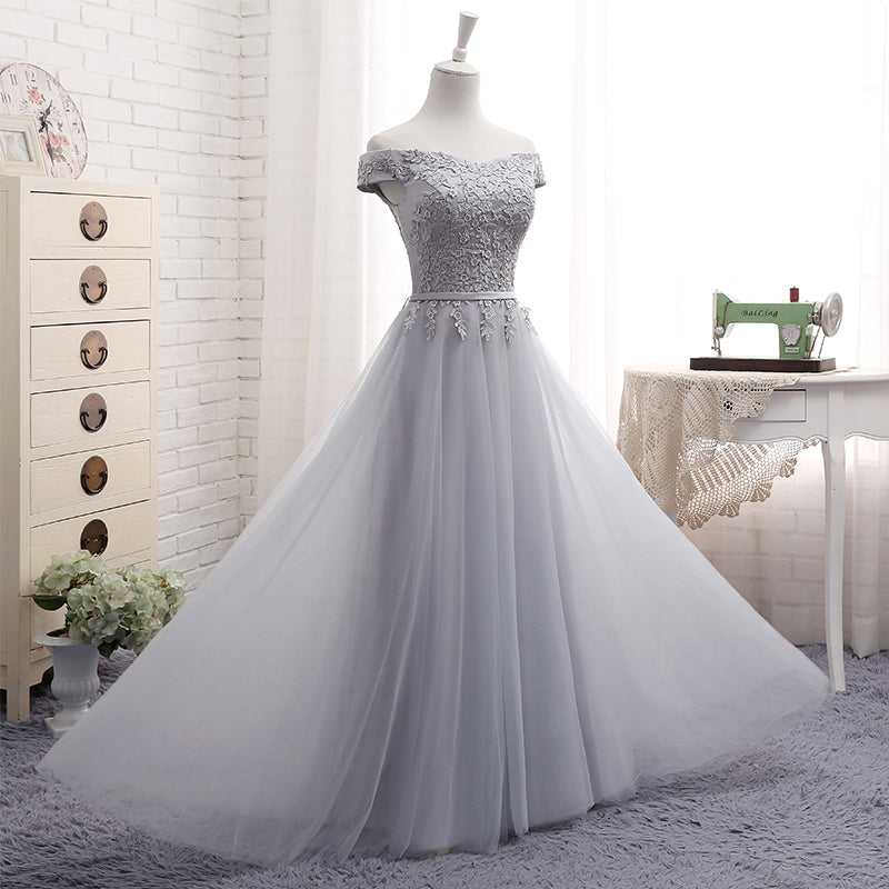 Cute A line gray lace off shoulder prom dress, cheap evening dresses  7792