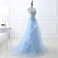 Blaues langes Ballkleid aus Tüllspitze, blaues Spitzenabendkleid 8039