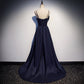 Robe de bal longue en satin bleu foncé, robe de soirée simple 8074