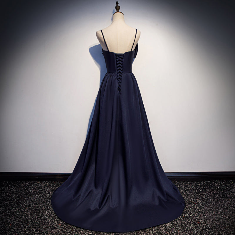 Robe de bal longue en satin bleu foncé, robe de soirée simple 8074