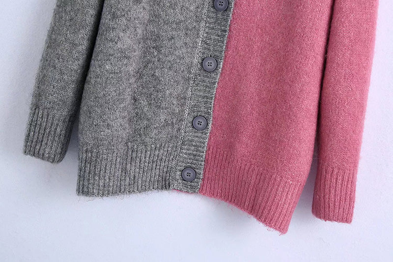 Versatile V-Neck long sleeve contrast stitched knit coat  7731