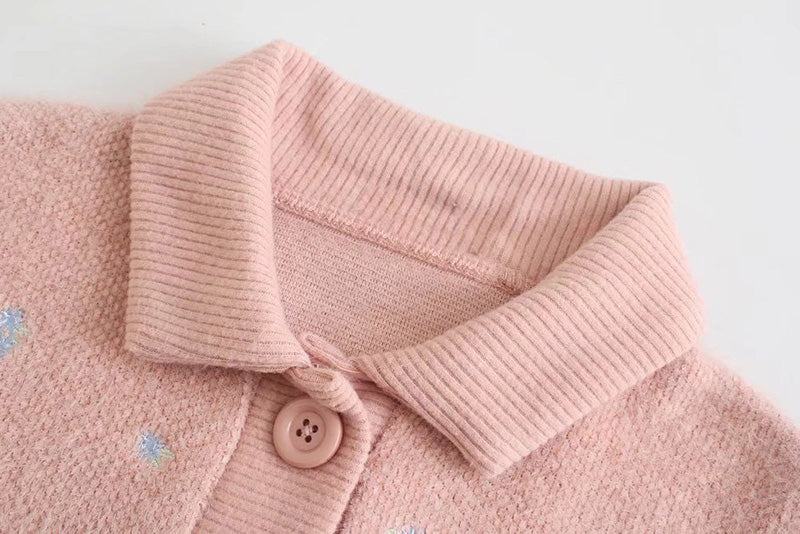 Sweet polo collar embroidered sweater cardigan coat  7738