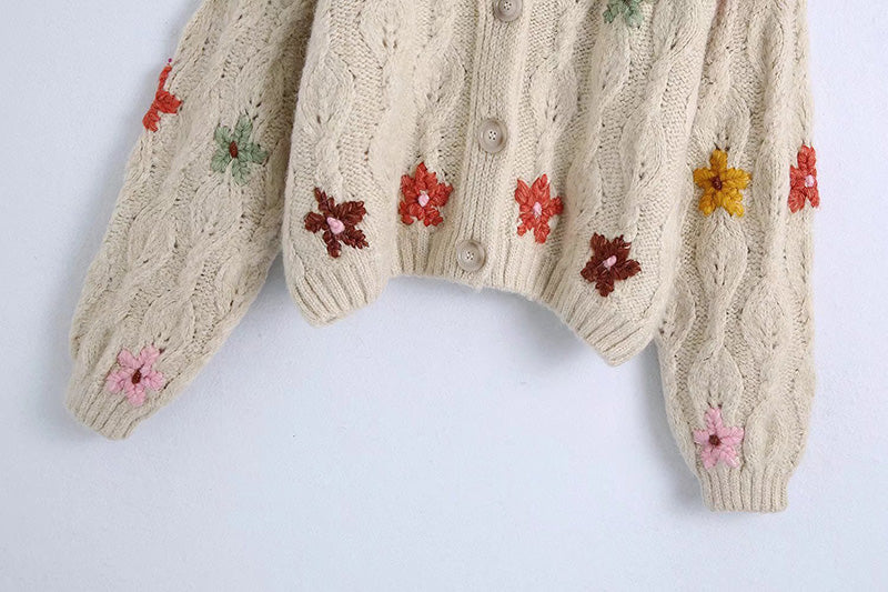 V-Neck long sleeve floral embroidery loose knit coat  7727