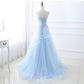 Blaues langes Ballkleid aus Tüllspitze, blaues Spitzenabendkleid 8039