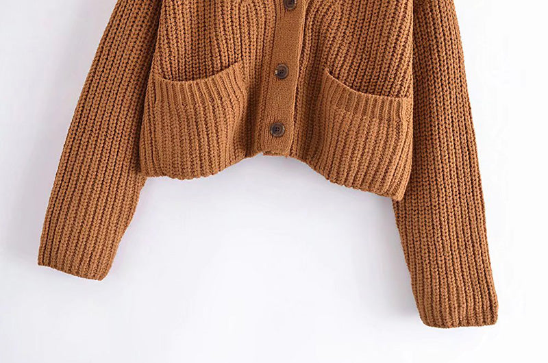 Versatile V-neck pocket sweater sweater sweater jacket  7758