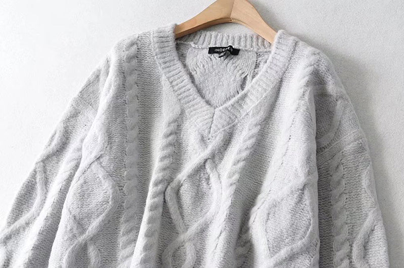Temperament im neuen Stil, vielseitiger, lockerer, lässiger Oktett-Strickpullover mit V-Ausschnitt 7759