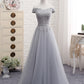 Cute A line gray lace off shoulder prom dress, cheap evening dresses  7792