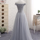 Cute A line gray lace off shoulder prom dress, cheap evening dresses  7792
