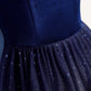 Blue tulle velvet long prom dress, blue evening dress  7914