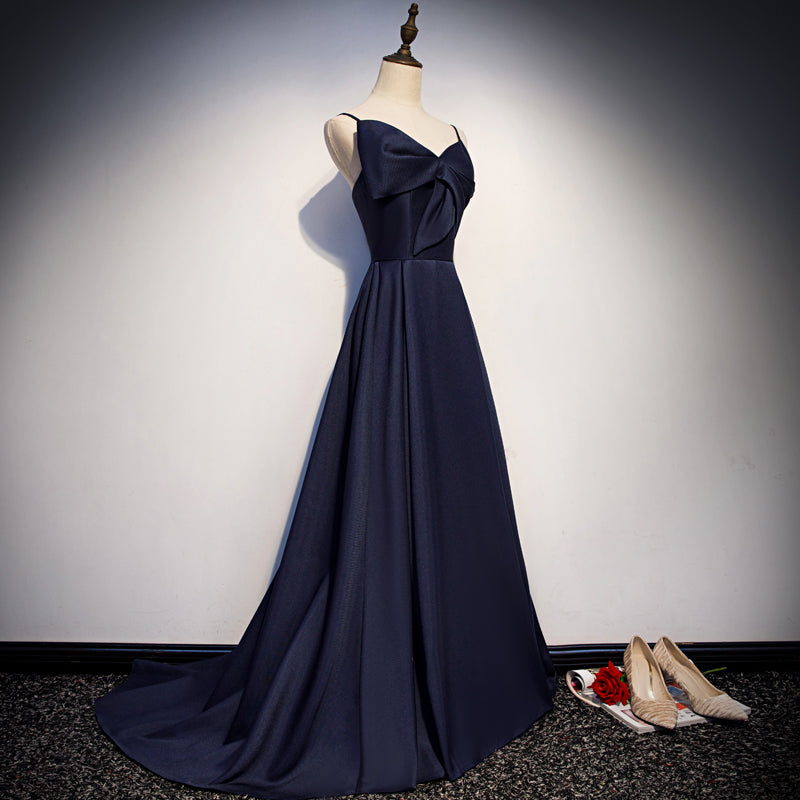 Robe de bal longue en satin bleu foncé, robe de soirée simple 8074