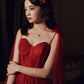 Burgundy Color Shiny Elegant Spaghetti Strap Long Tulle Sequin Ball Gown Evening Dress 8263