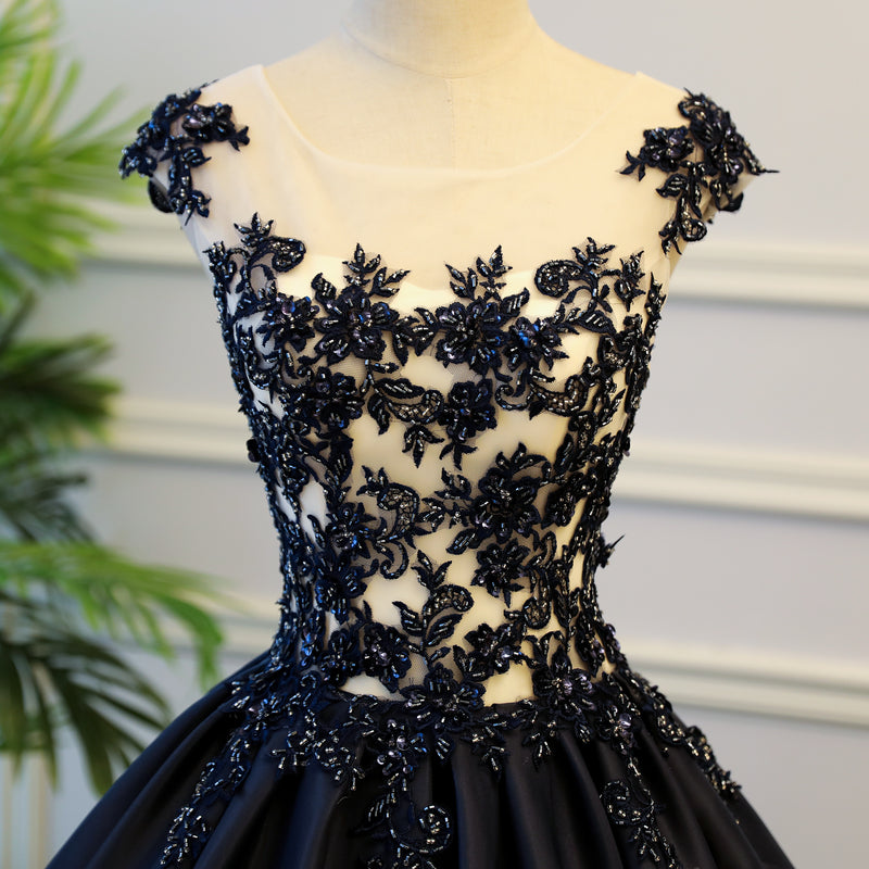 Langes Ballkleid aus dunkelblauer Spitze, Abendkleid 8059