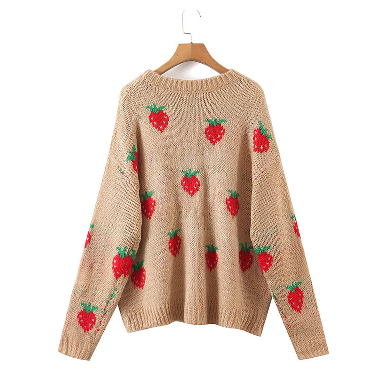Strawberry jacquard mohair sweater loose round neck top  7743