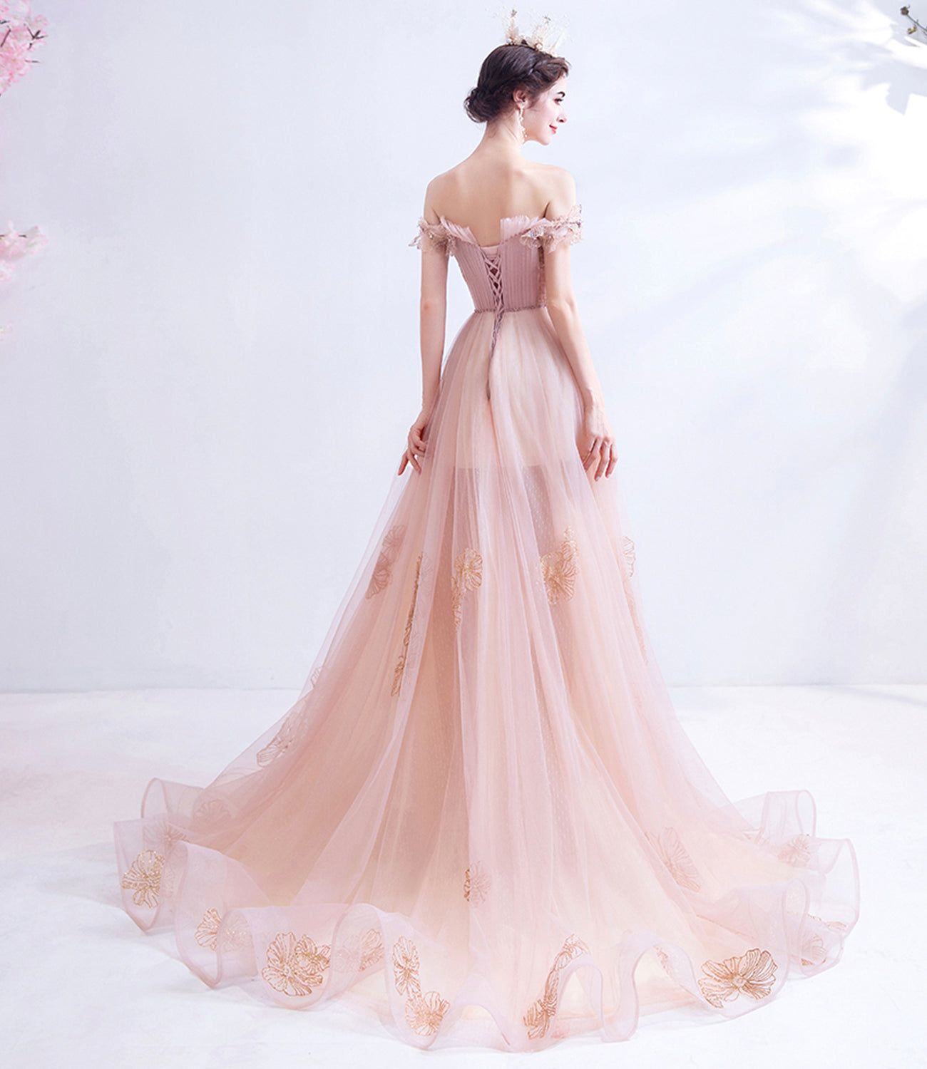 Rosa Tüll langes A-Linie Ballkleid Rosa Abendkleid 10129
