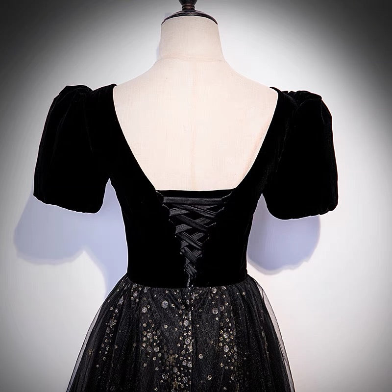 Langes Ballkleid aus schwarzem Samt-Tüll A-Linie Abendkleid 10106