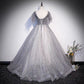 Gray tulle sequins long prom dress A line evening gown  10103