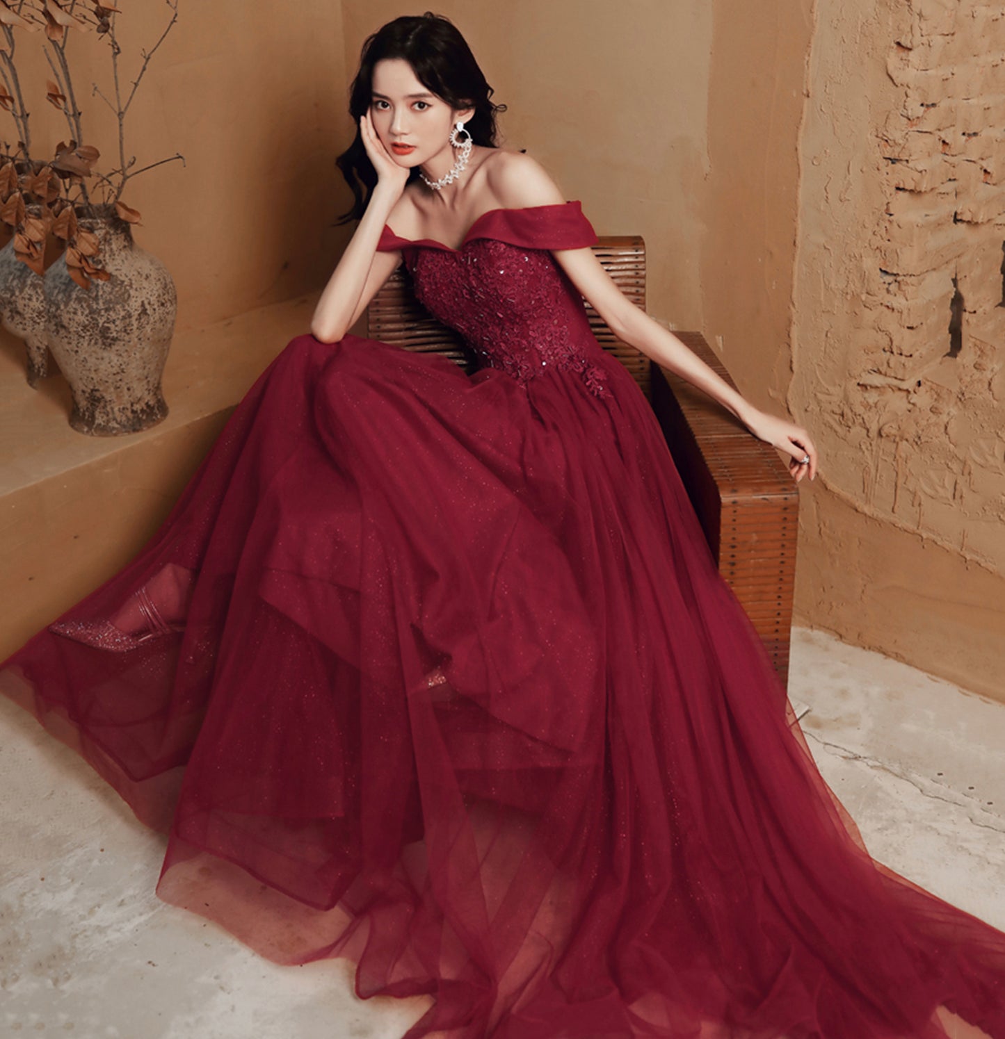 Burgund Spitzenperlen langes Ballkleid Abendkleid 10114