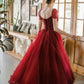 Burgundy Sparkling Beaded A-line Long Tulle Elegant Ball Gown Evening Dress 8645