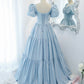 Blue satin long A line prom dress blue evening dress  8837