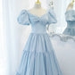 Blue satin long A line prom dress blue evening dress  8837
