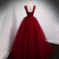 Burgundy tulle long ball gown dress evening dress  8978
