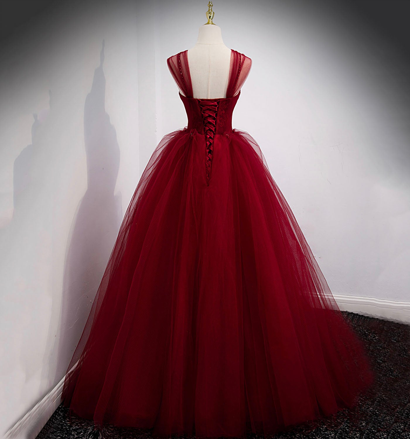 Burgundy tulle long ball gown dress evening dress  8978