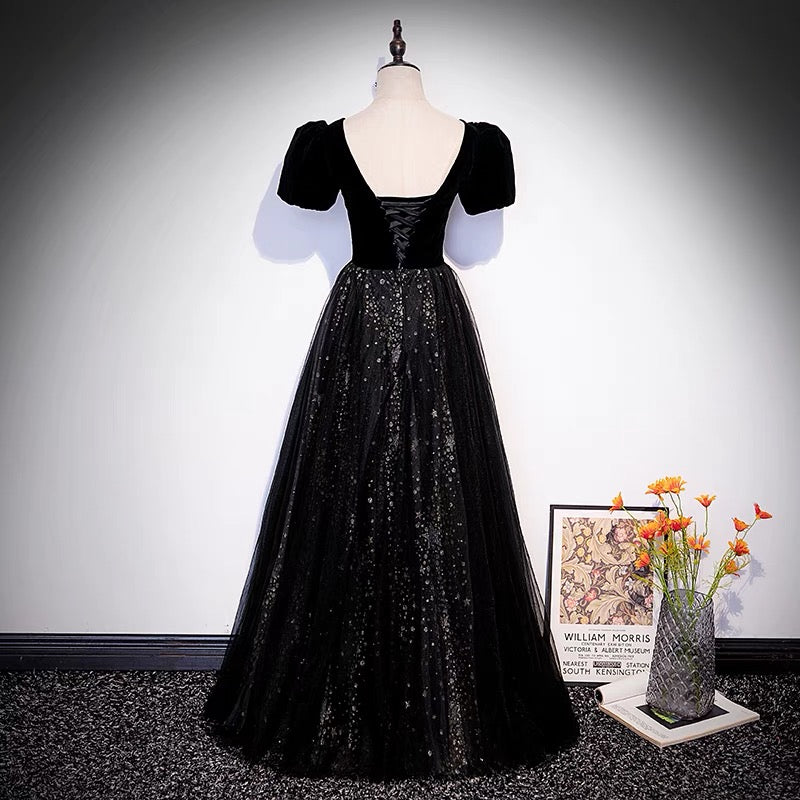 Langes Ballkleid aus schwarzem Samt-Tüll A-Linie Abendkleid 10106