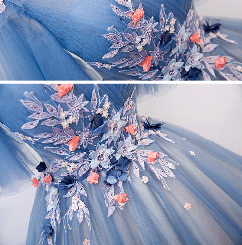 Blue v neck tulle lace long prom dress formal gown  8214