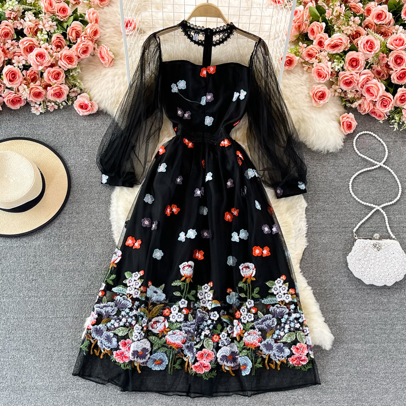 Schwarzes Spitzen-Tüll-Langarmkleid Modekleid 425