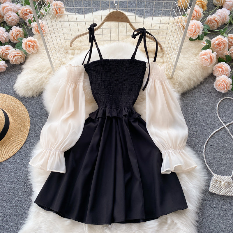 Schwarzes A-Linien-Langarmkleid Modekleid 431