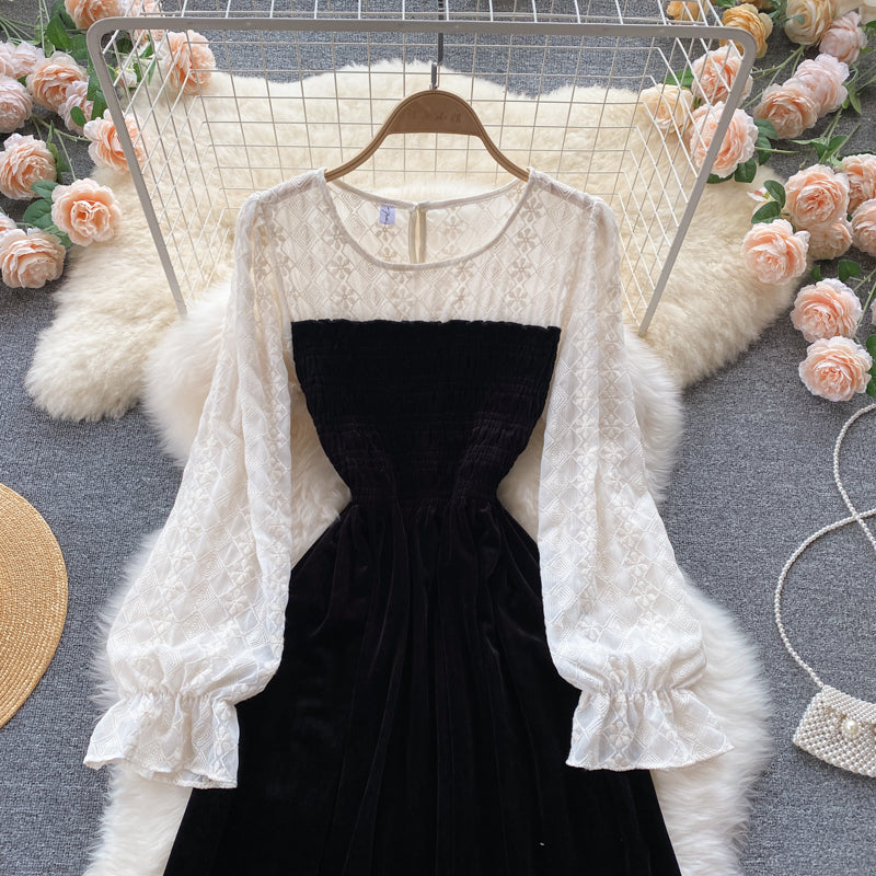 Lovely stitching long sleeve dress  440