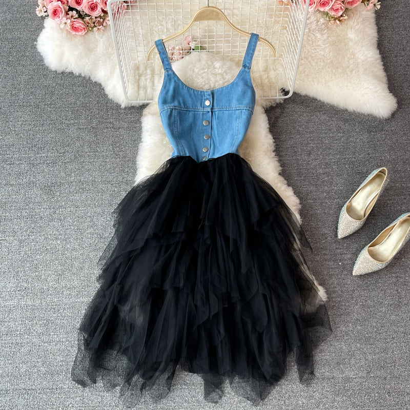 Schönes Denim-Patchwork-Kleid A-Linie Modekleid 427