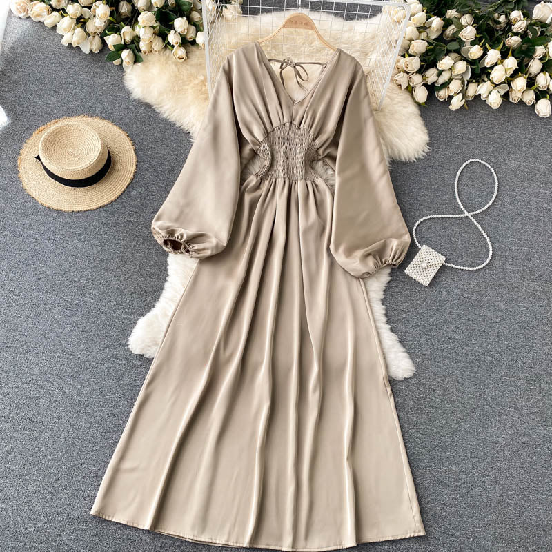 Süßes Langarmkleid mit V-Ausschnitt, Modekleid 407