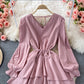 Süßes Langarmkleid mit V-Ausschnitt, Modekleid 408