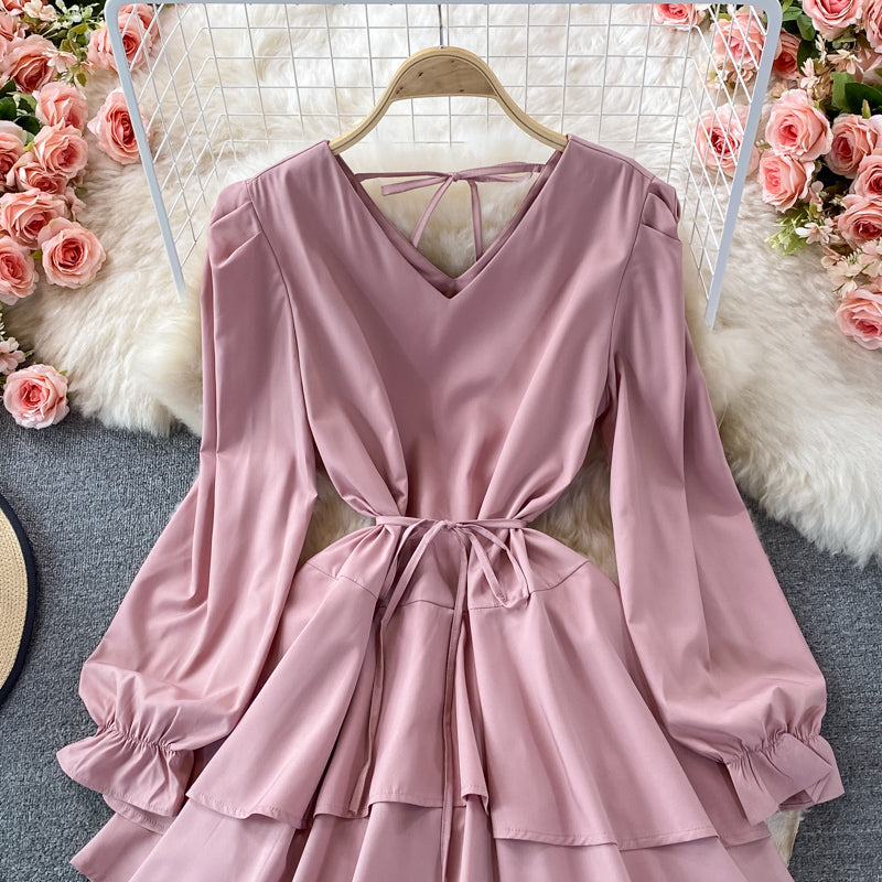 Süßes Langarmkleid mit V-Ausschnitt, Modekleid 408