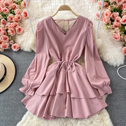 Süßes Langarmkleid mit V-Ausschnitt, Modekleid 408