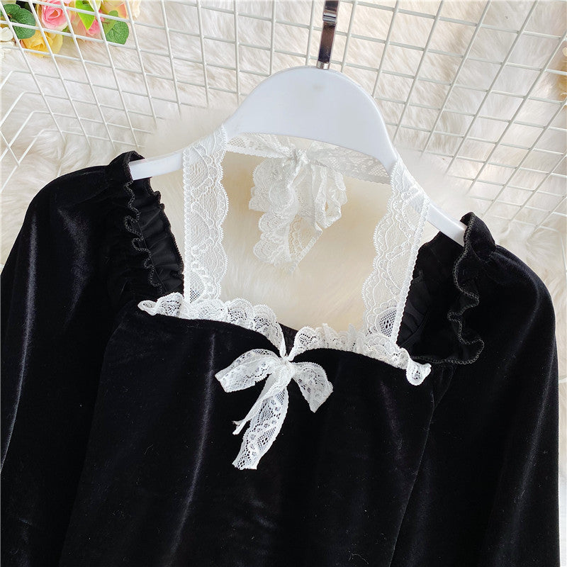 Black velvet long sleeve tops  319