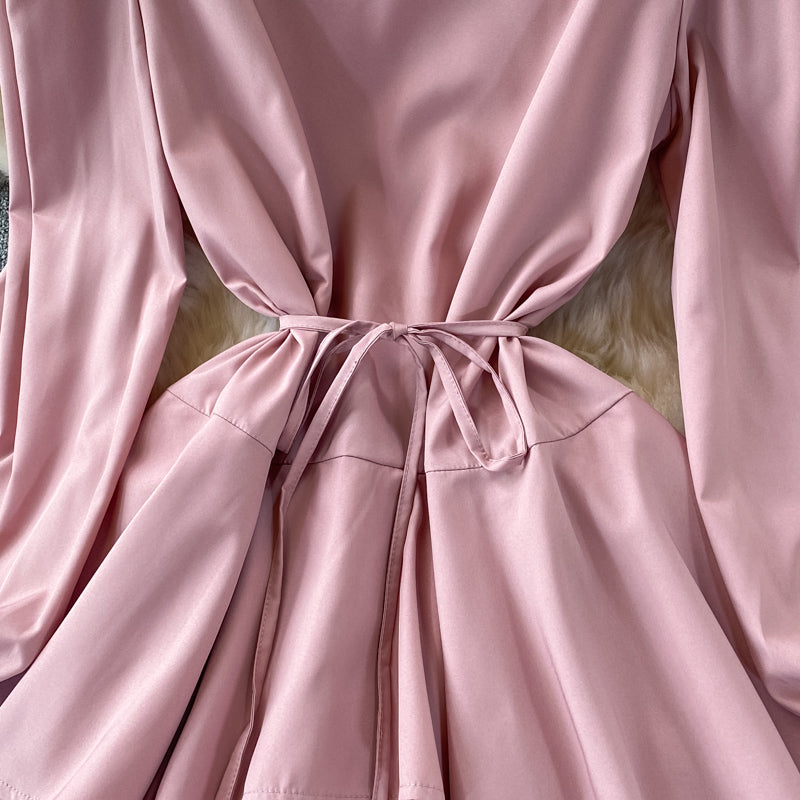 Süßes Langarmkleid mit V-Ausschnitt, Modekleid 408