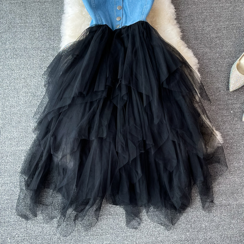 Schönes Denim-Patchwork-Kleid A-Linie Modekleid 427
