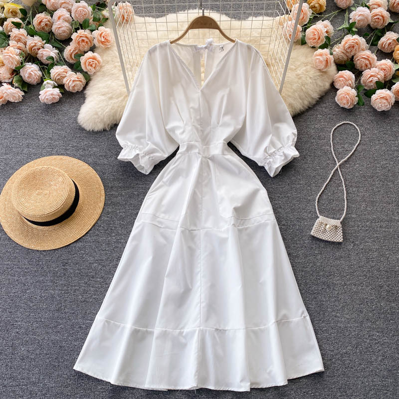 Weißes A-Linien-Kleid mit V-Ausschnitt, modisches Kleid 412